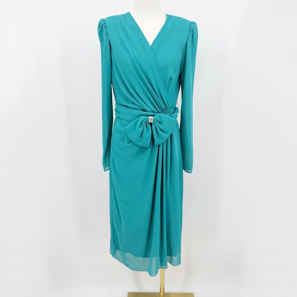 Vintage Miss Elliette 80s Draped Dress Bow Waist Secretary Midi Long Sleeve 10
